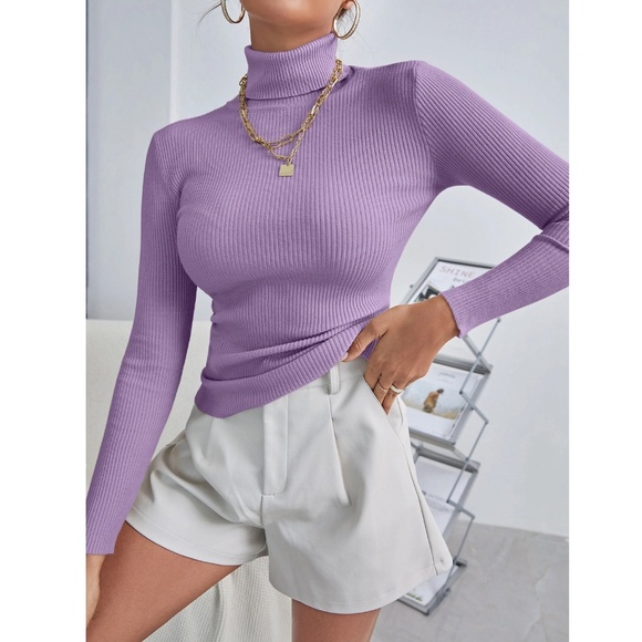 Lilac Purple Sweater Top Rib-Knit High Neck Turtleneck Long Sleeve - Picture 3 of 9
